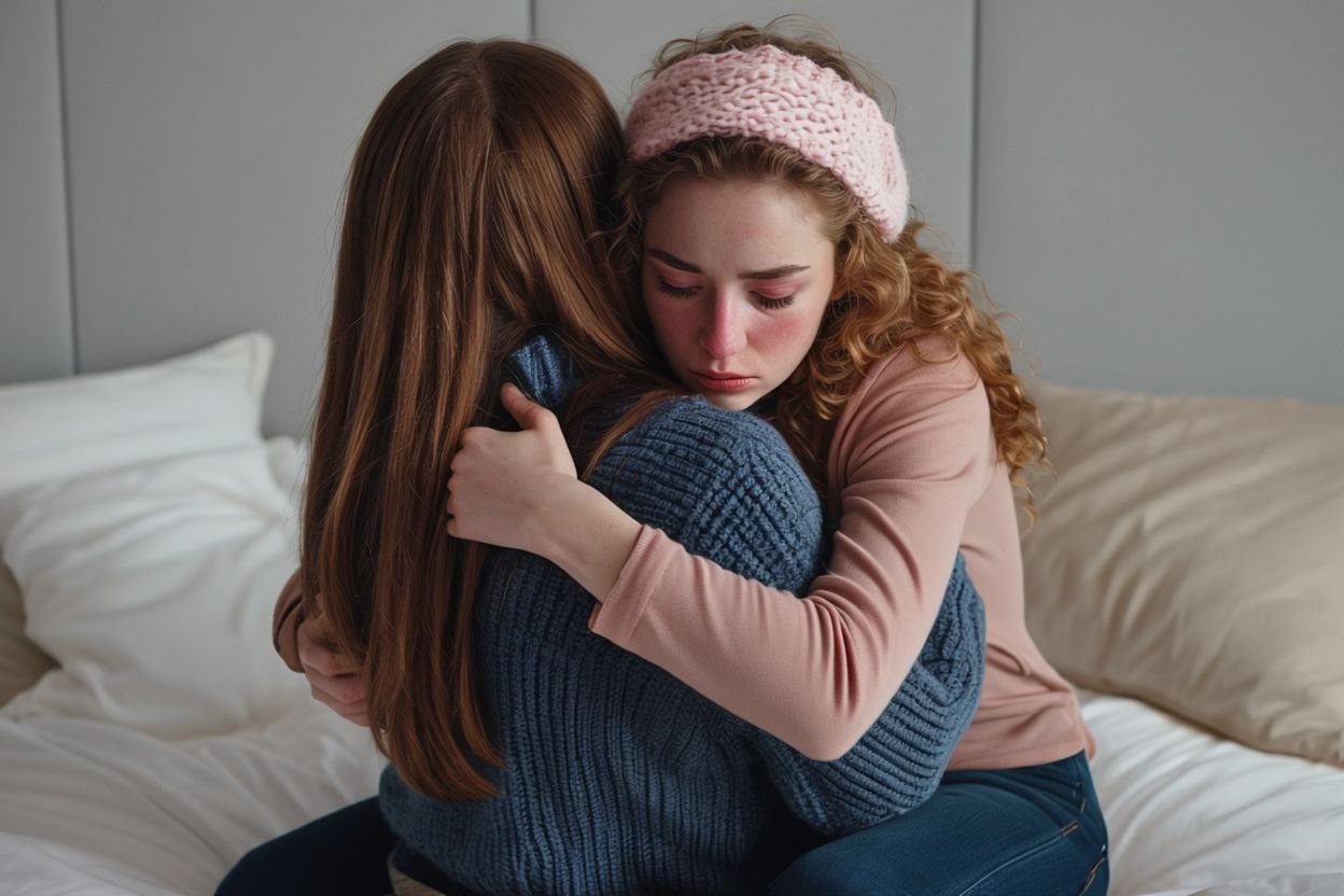 Intimate Embrace Between Two Individuals on Bed