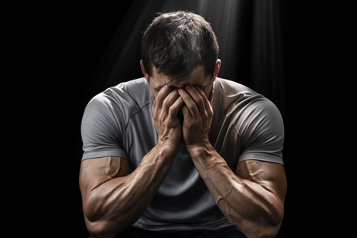 Man In Emotional Turmoil Under Dramatic Spotlight-min