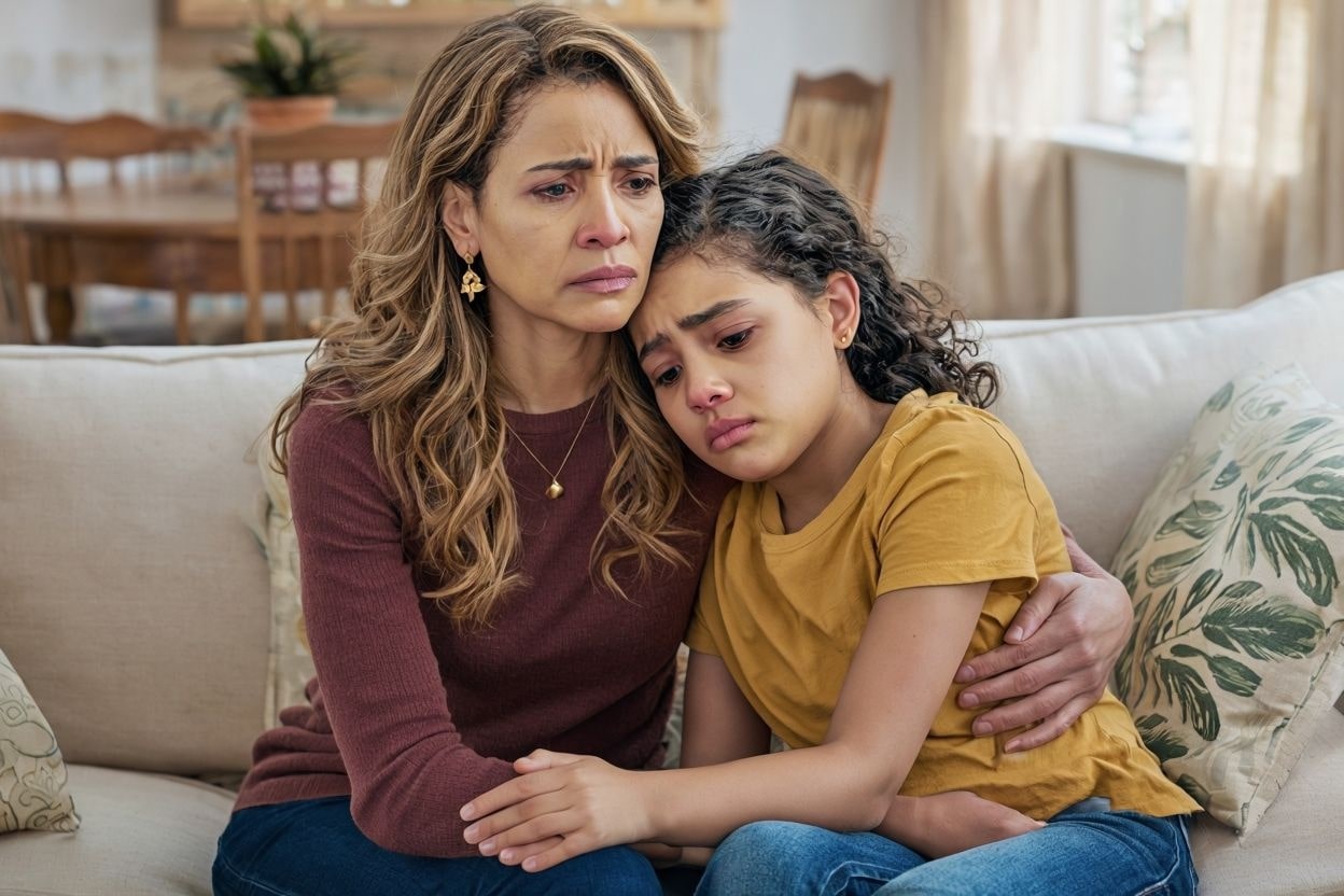 Mother And Daughter Share An Emotional Moment On Sofa