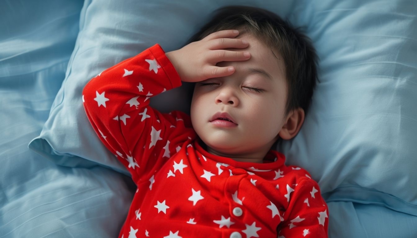 Young Child in Bright Red Pajamas Resting Peacefully in Bed